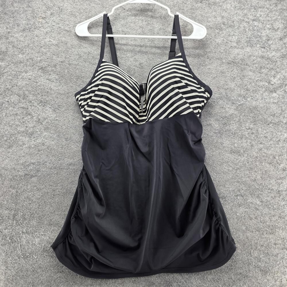 Lane Bryant Swim Dress Swimsuit Womens 40DDD Black Striped Molded Cups Skirted